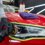 Headlight,Polishing.,Adhesive,Tape,On,Car,Headlights.,Detailing,Car,Outside.