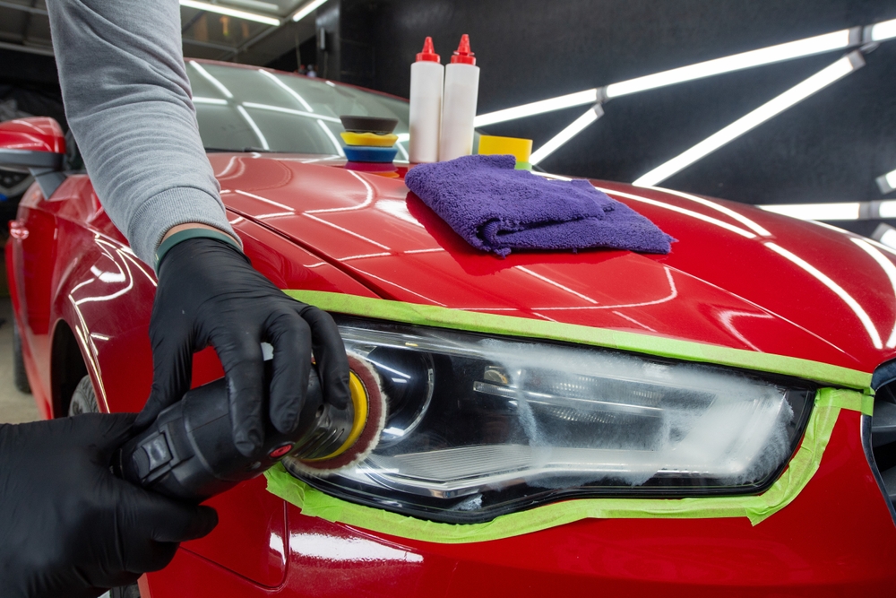 Headlight,Polishing.,Adhesive,Tape,On,Car,Headlights.,Detailing,Car,Outside.